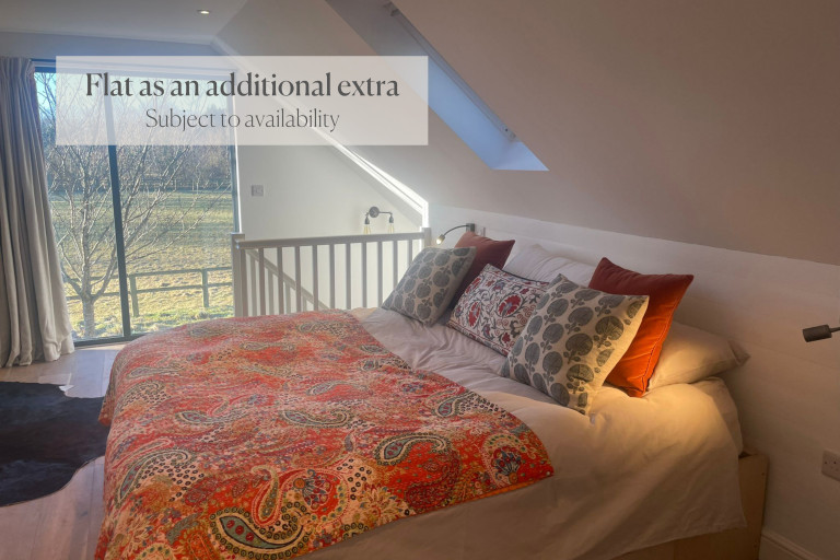 Comfortable bedroom with colorful bedding and scenic view from skylight window.