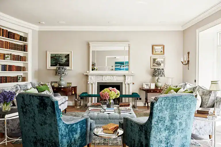 Stylish living room with vintage furniture and fireplace near Ripon.