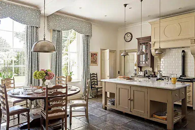 Cozy kitchen and dining area in a Yorkshire manor house.