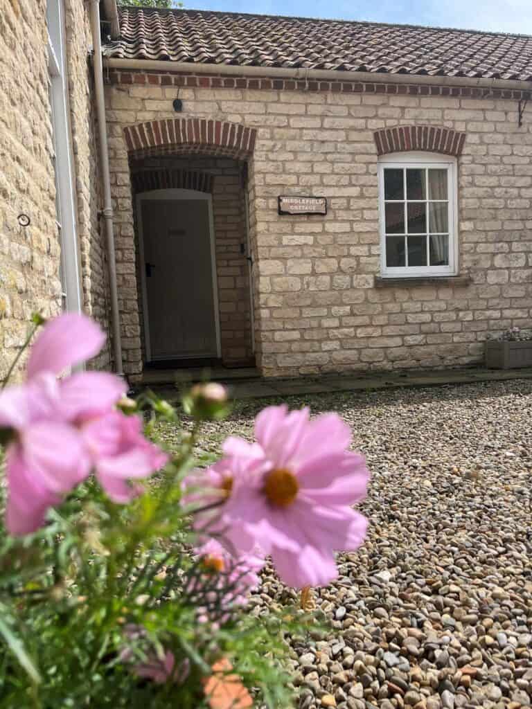 Charming stone cottage with white window and arched doorway in Yorkshire.