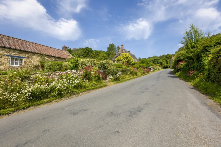 Scenic rural road near Abbey Cottage, Rievaulx, with lush greenery and flowering gardens.