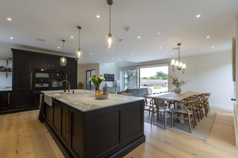 Modern open-plan kitchen and dining area with black cabinetry and wooden flooring.