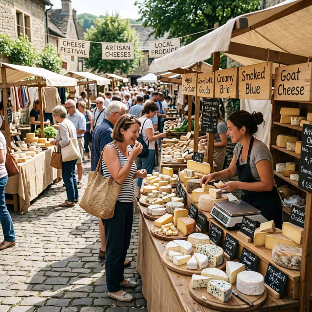 Crowded outdoor cheese festival with vendors, shoppers, and cheese displays
