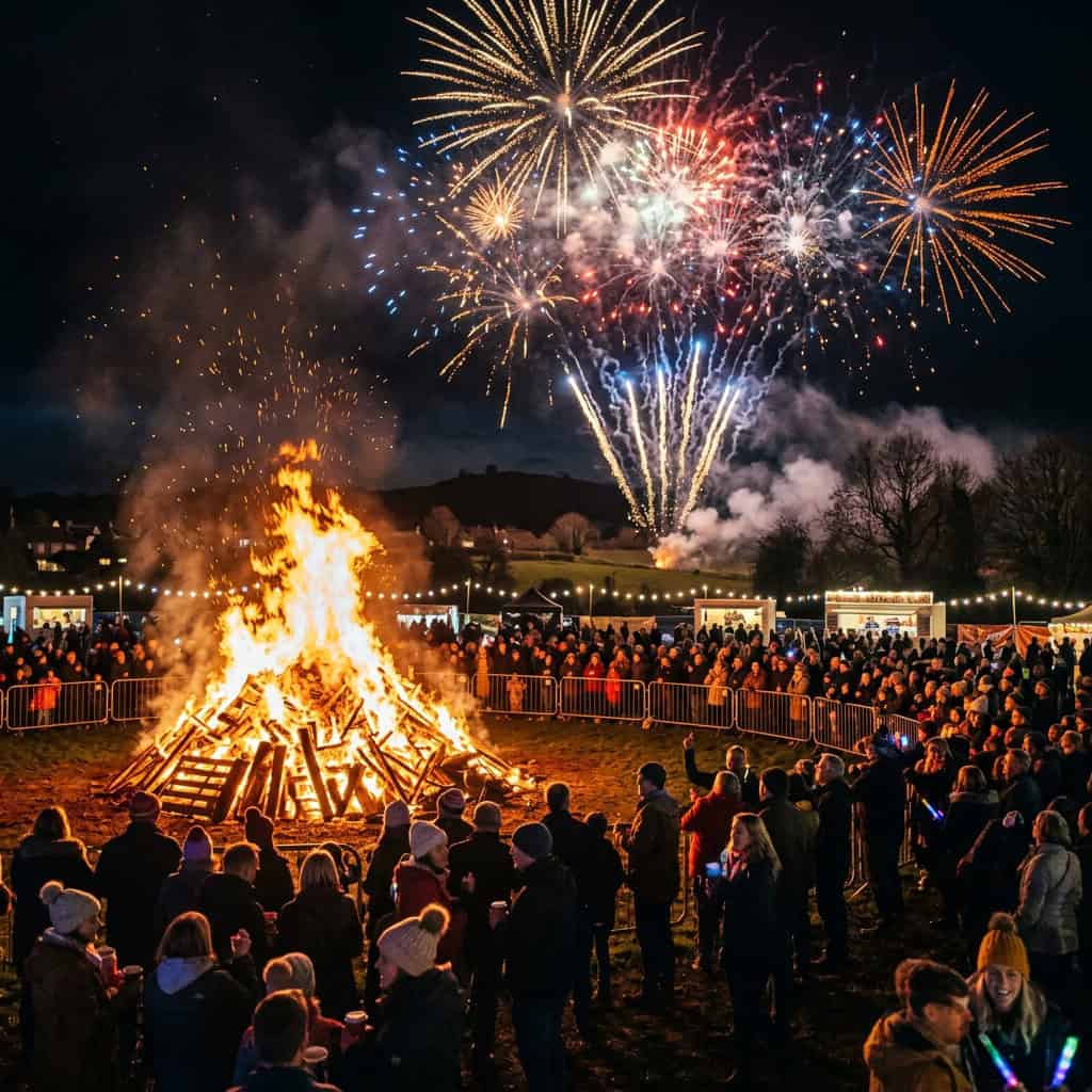 Crowd gathered around a large bonfire as colorful fireworks light the night sky