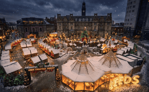 Leeds Christmas Market with festive stalls and lights in front of historic city hall.